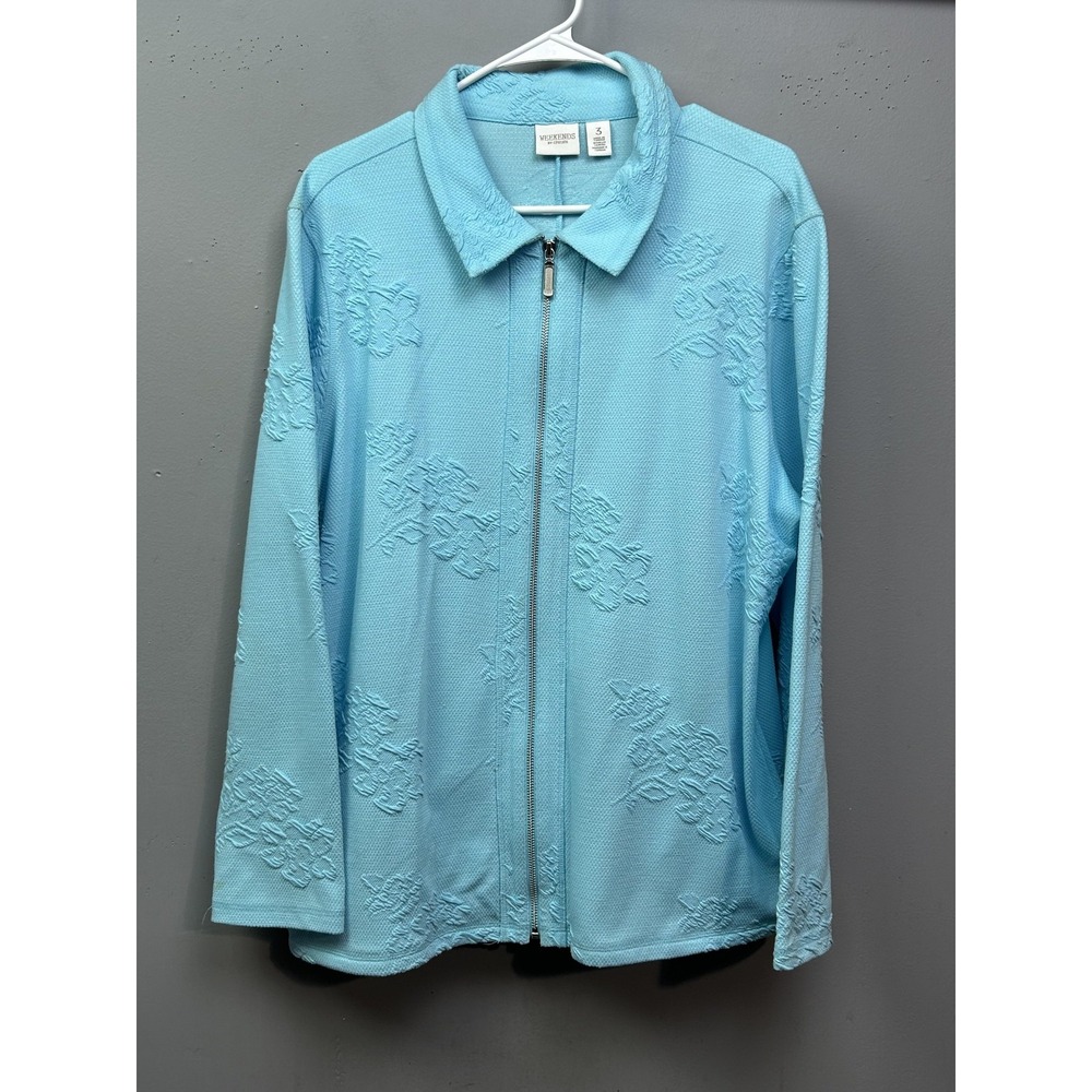 Weekends‎ by Chico's Jacket Womens XL Blue Full Zip Textured Floral Knit Collar